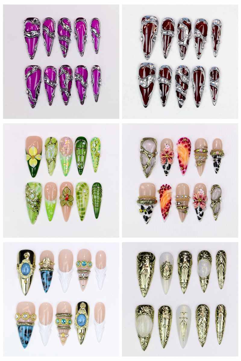 Resin Art Flowers - 10Pcs Kuku Palsu Stiletto Panjang Mengkilap