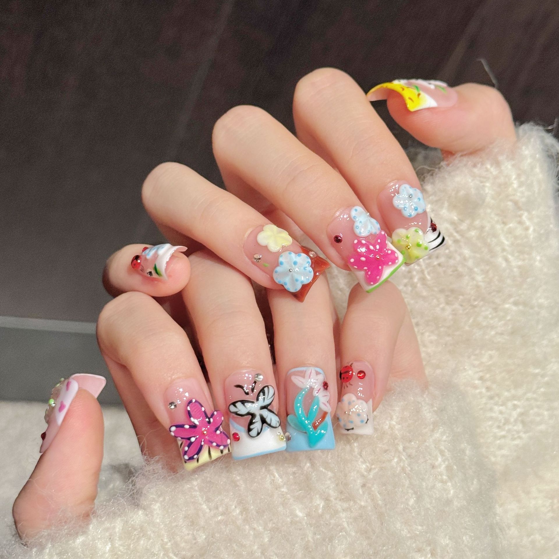 10PCS Kuku Palsu Buatan Tangan - Resin Art Flowers ulasan dan harga