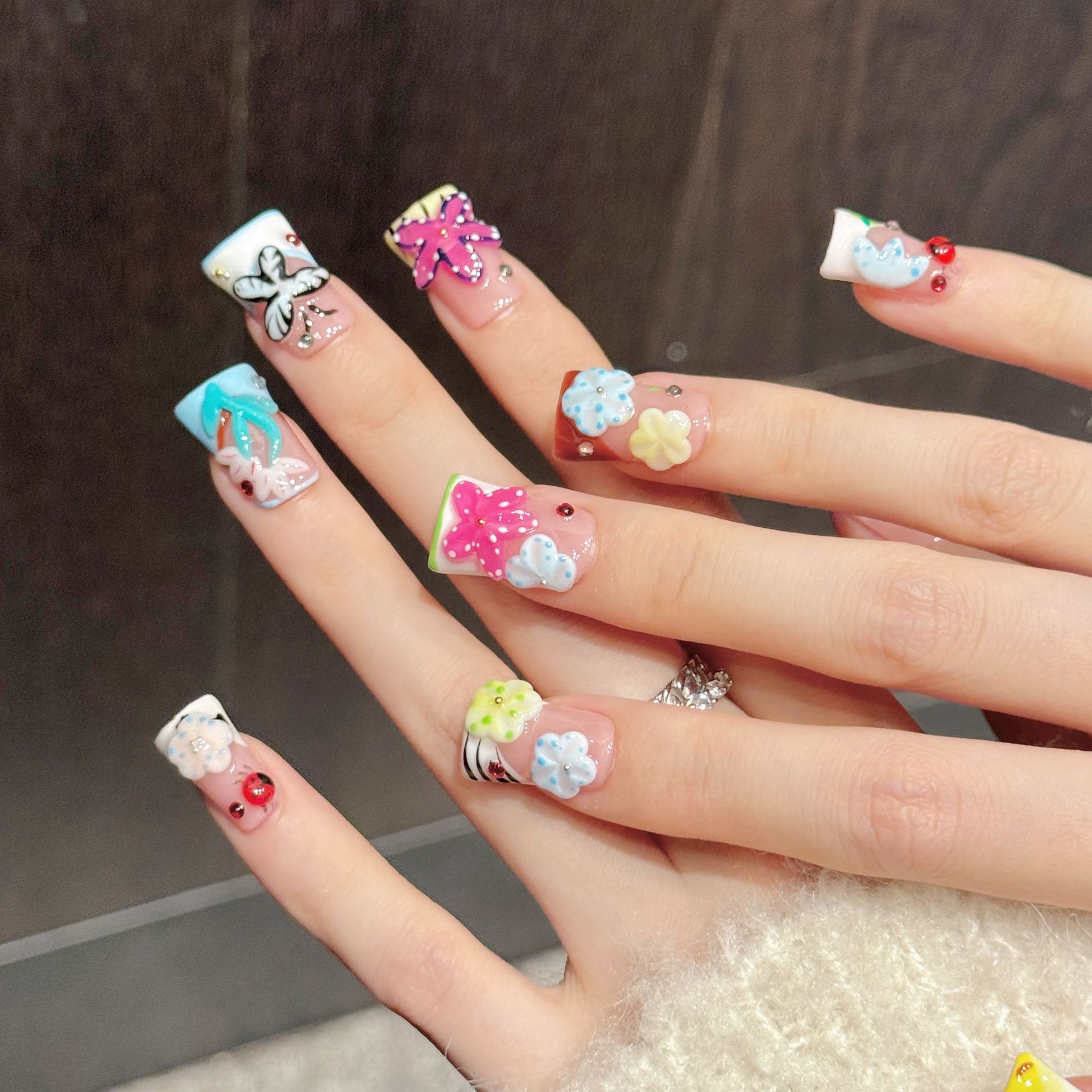10PCS Kuku Palsu Buatan Tangan - Resin Art Flowers ulasan dan harga